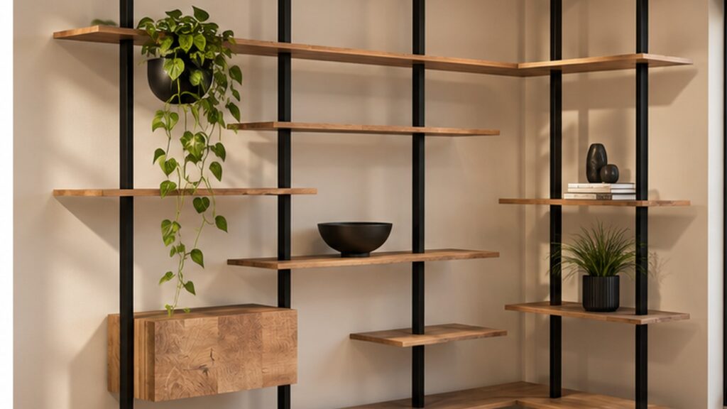 Custom wood and metal shelving with decorative features