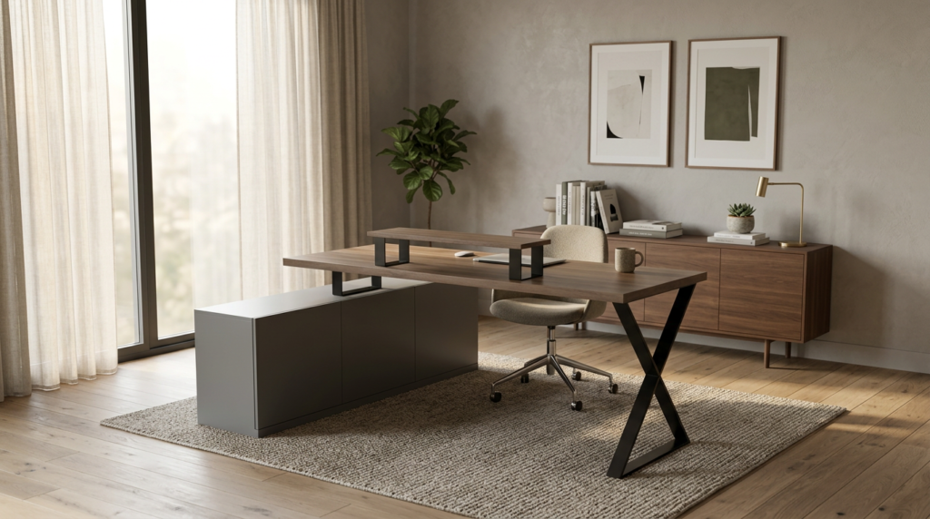 Custom office desk with storage cabinets