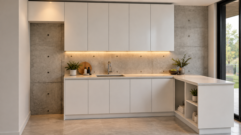 Small kitchen against concrete wall