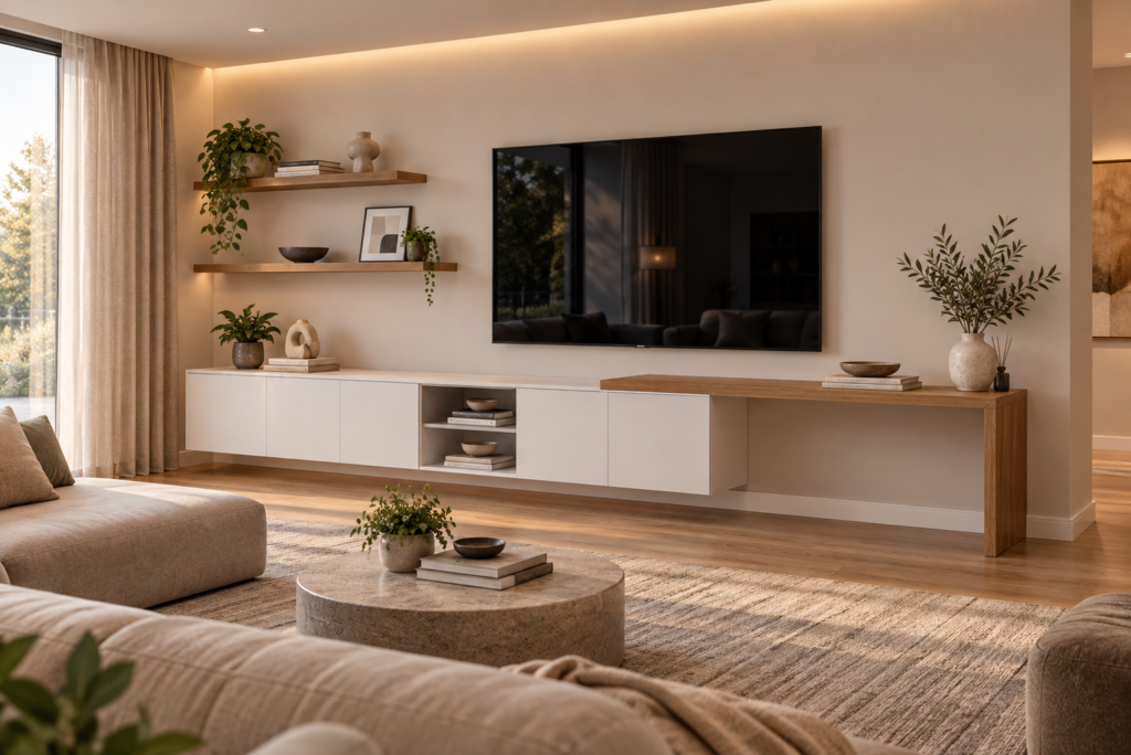 Warm floating TV stand with floating shelves