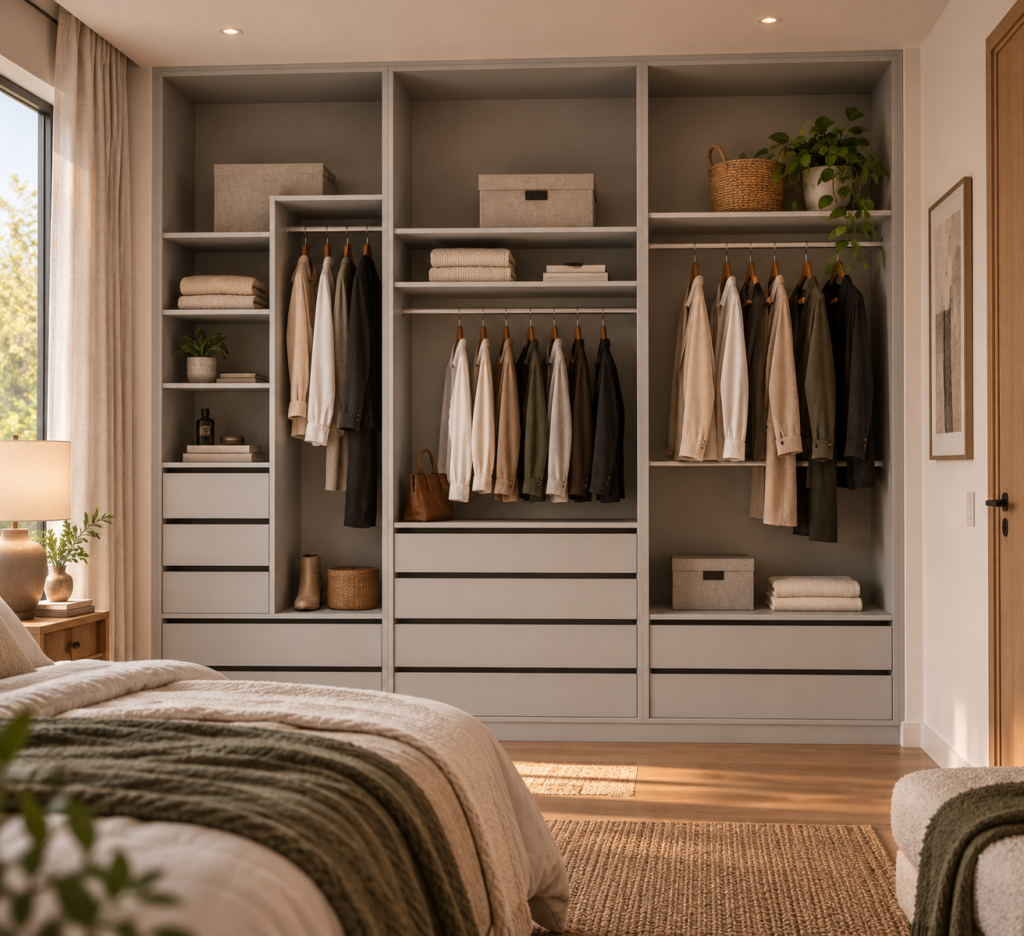 Warm Minimalist Wardrobe Bedroom