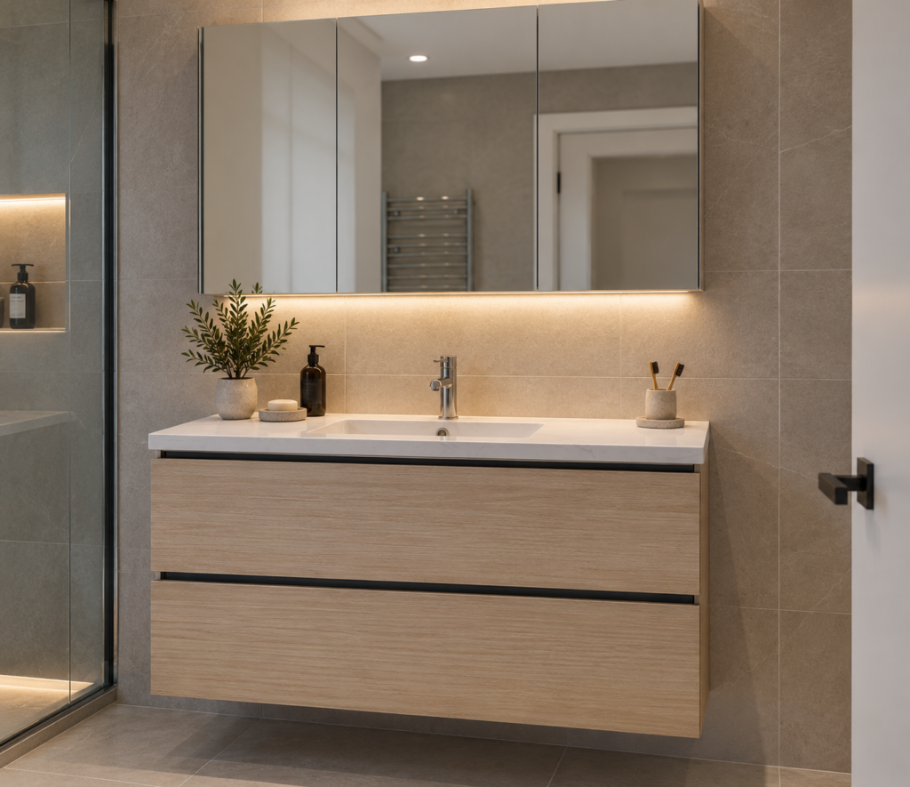 Suspended bathroom vanity with mirror door upper cabinets